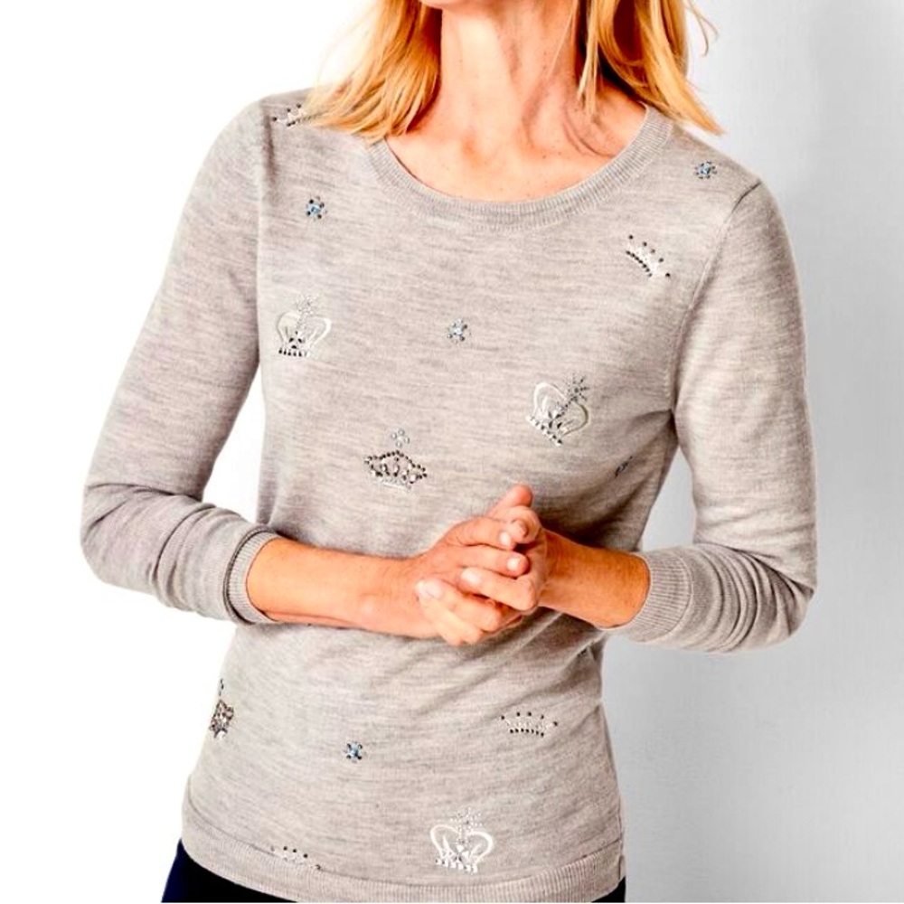 Talbots Embroidered Merino Wool Sweater Women’s Size M Petite Crowns Rhinestones
